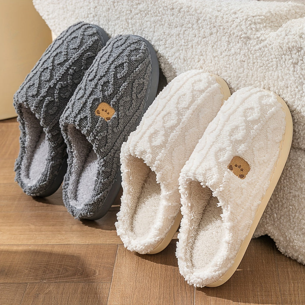 Cozy Bear Print Slip-On Slippers Soft Fabric Warm TPR Sole All-Season Indoor Home Slippers for Women White Dark Gray US 5.5-11