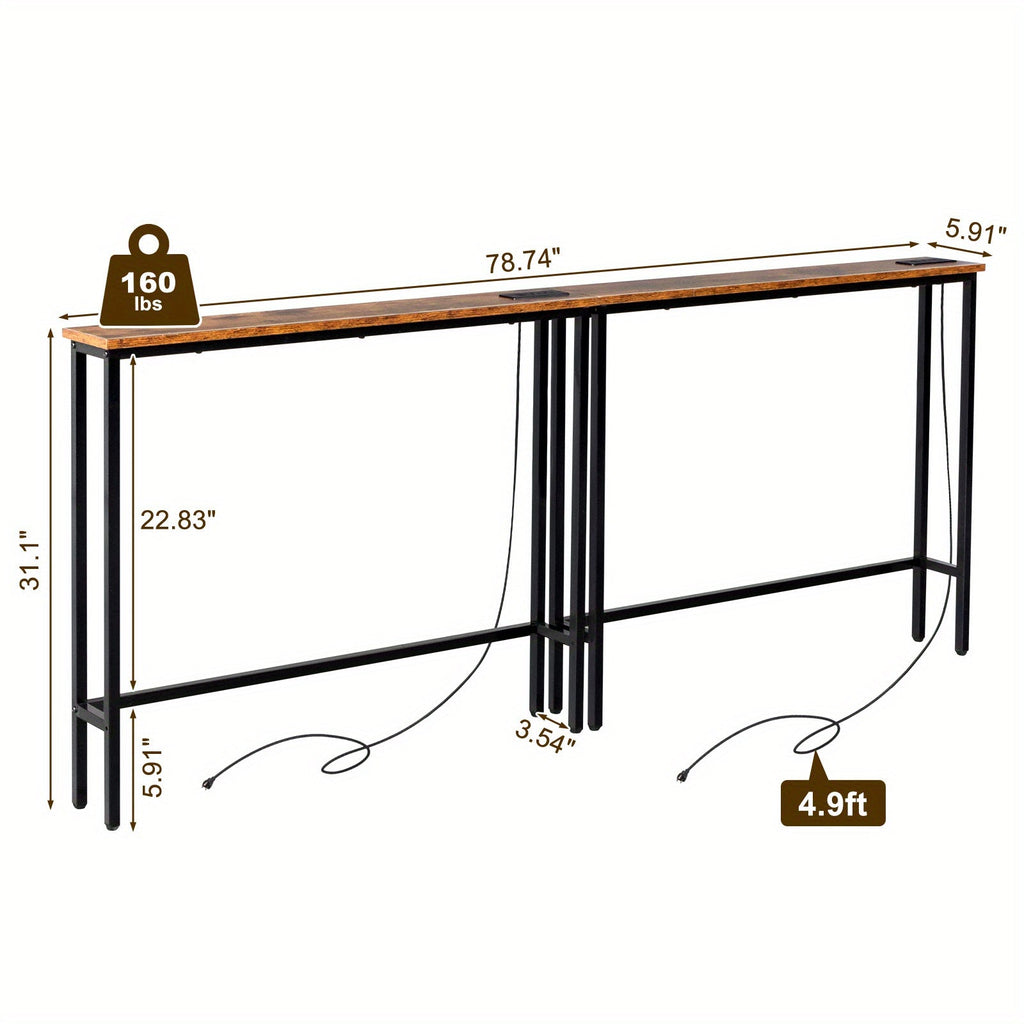 Narrow Console Table with Charging Station – Built-In Outlets USB Ports Metal Frame Slim Sofa Table 39.4" / 78.7" for Living Room Apartment in Rustic Brown Oak Black