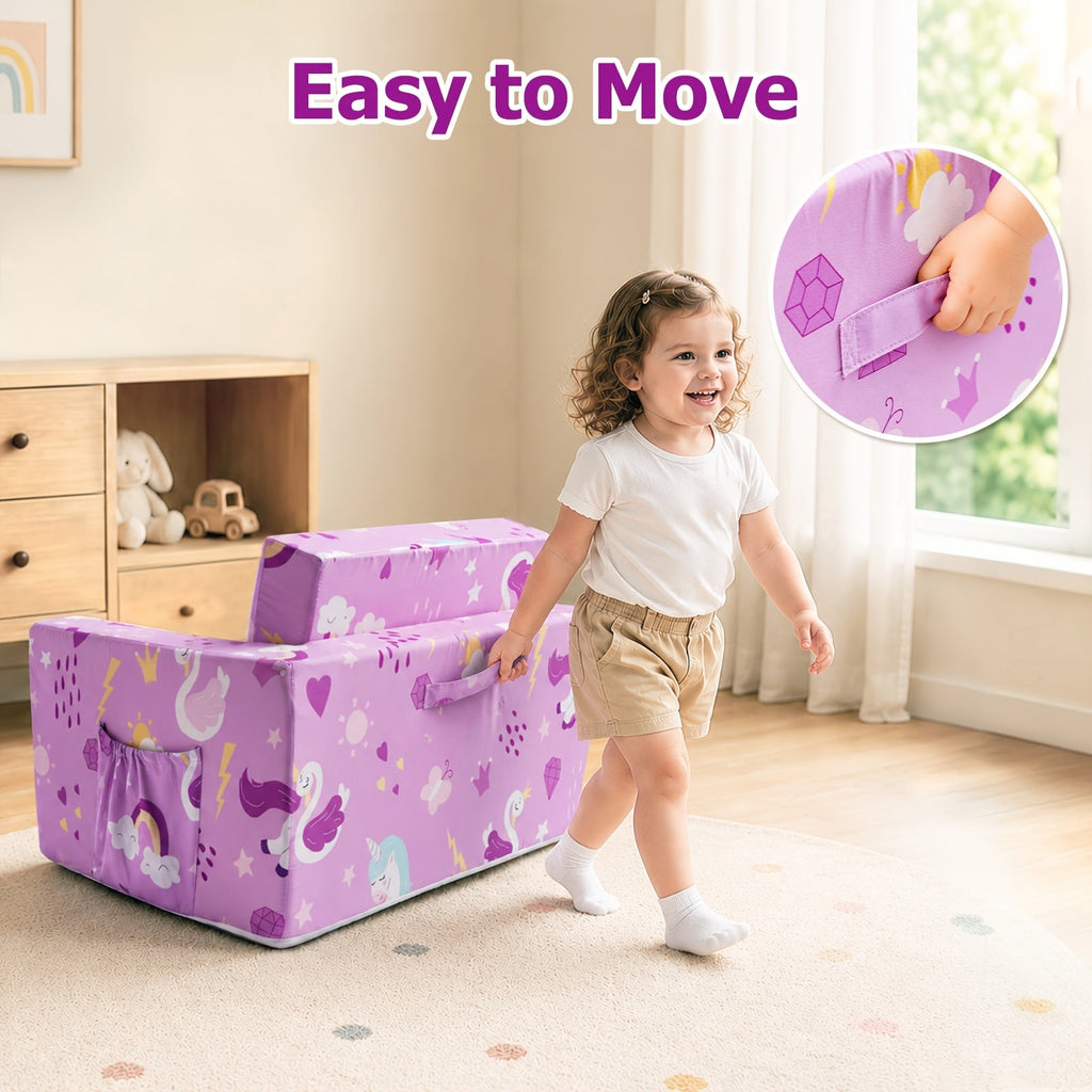 Kids Sofa 2-in-1 Toddler Fold Out Couch Convertible Lounger Soft Foam No Assembly Required for Boys Girls Reading Napping Playing Blue Dinosaur Purple Unicorn Cars