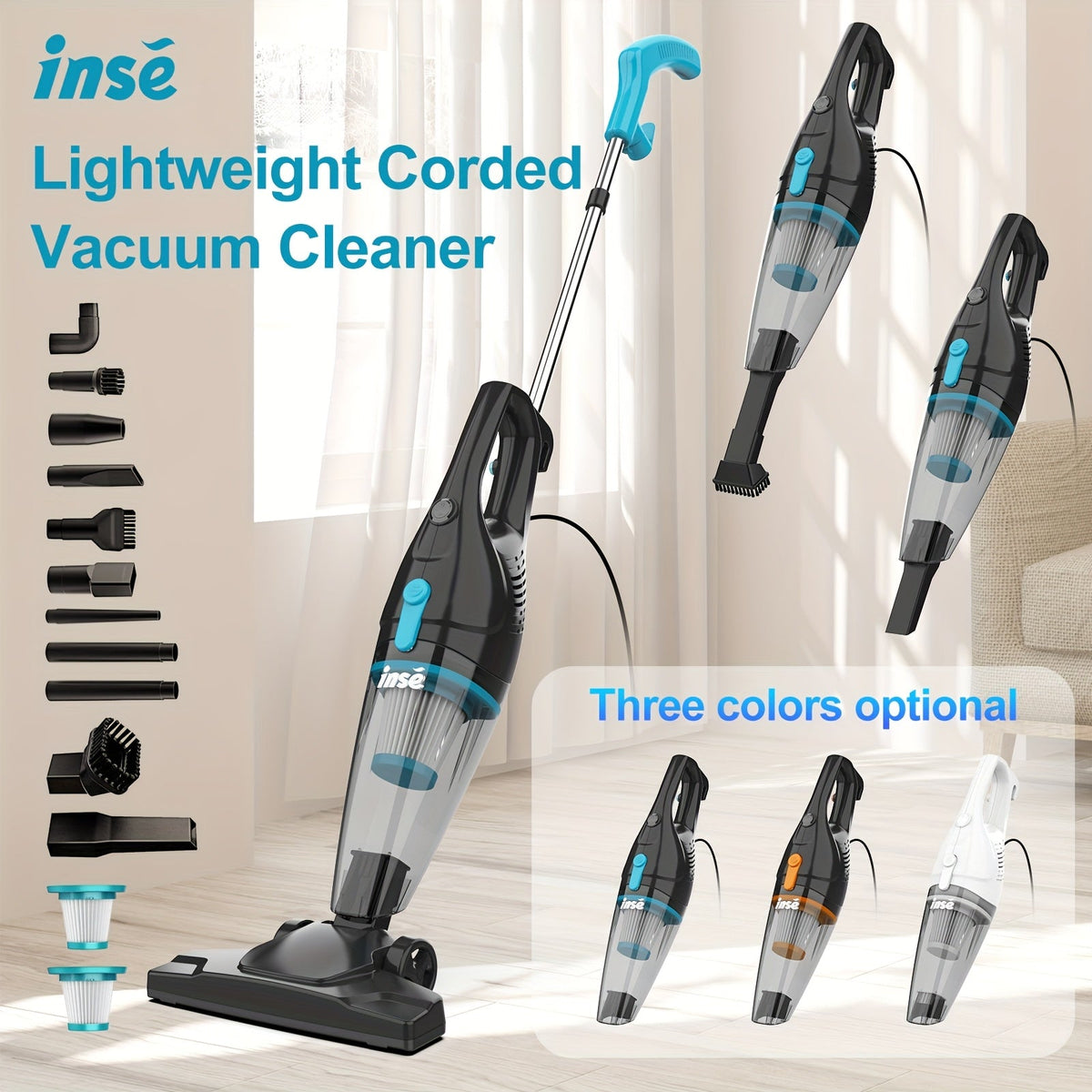 INSE R3S Corded Stick Vacuum Cleaner 400W & 16kPa Suction - HEPA Filtration, 9 Accessories, 3.75lb Ultra-Lightweight, 20ft Cord, for Pet Hair Hard Floor Carpet - 4 Colors