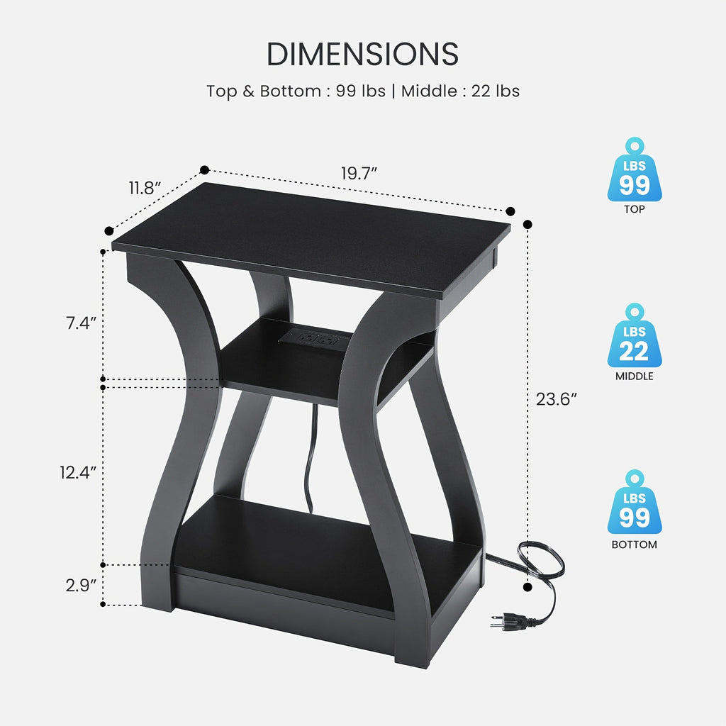 3-Tier Nightstand with Charging Station - USB Ports & Outlets, Modern Slim Bedside End Table for Bedroom, Dorm & Small Apartment - Black & White, 1 or 2 Pack