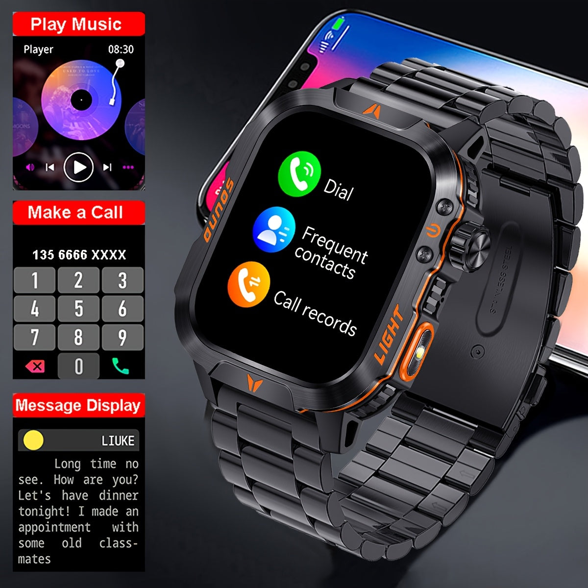 Rugged Outdoor Smartwatch – 2.01" Wireless Calling LED Flashlight 600mAh Battery Compatible with iPhone & Android in Black Steel Mesh & Camouflage Blue Silicone Strap Options