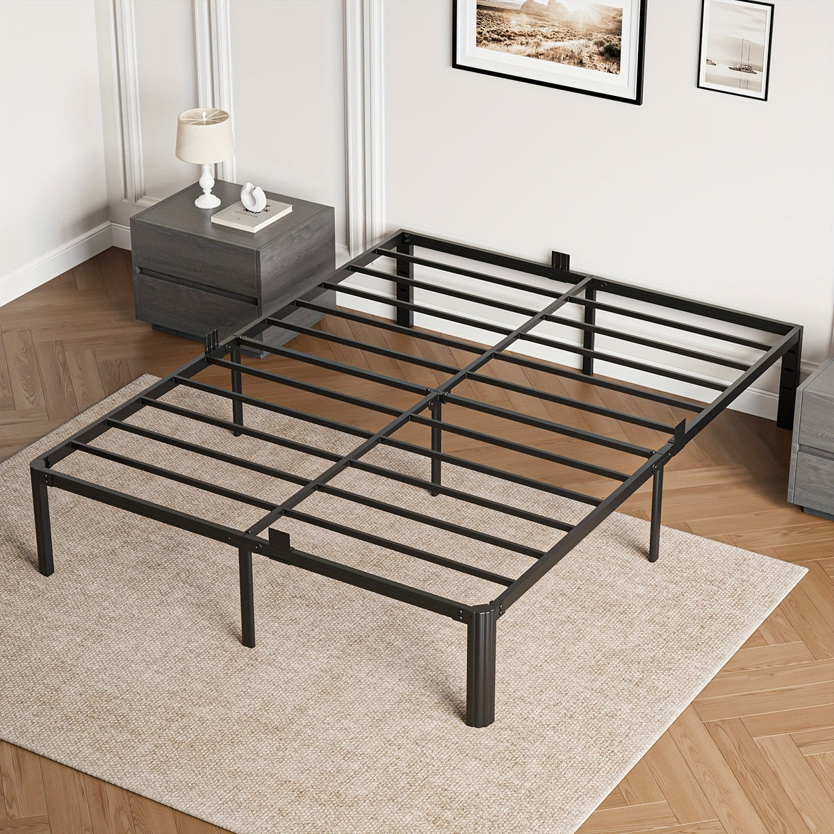 14-Inch Heavy-Duty Metal Bed Frame 3500 LBS Black Fan-Shaped Legs 4 Mattress Limiters No Box Spring No Noise Large Under-Bed Storage – Twin Full Queen King