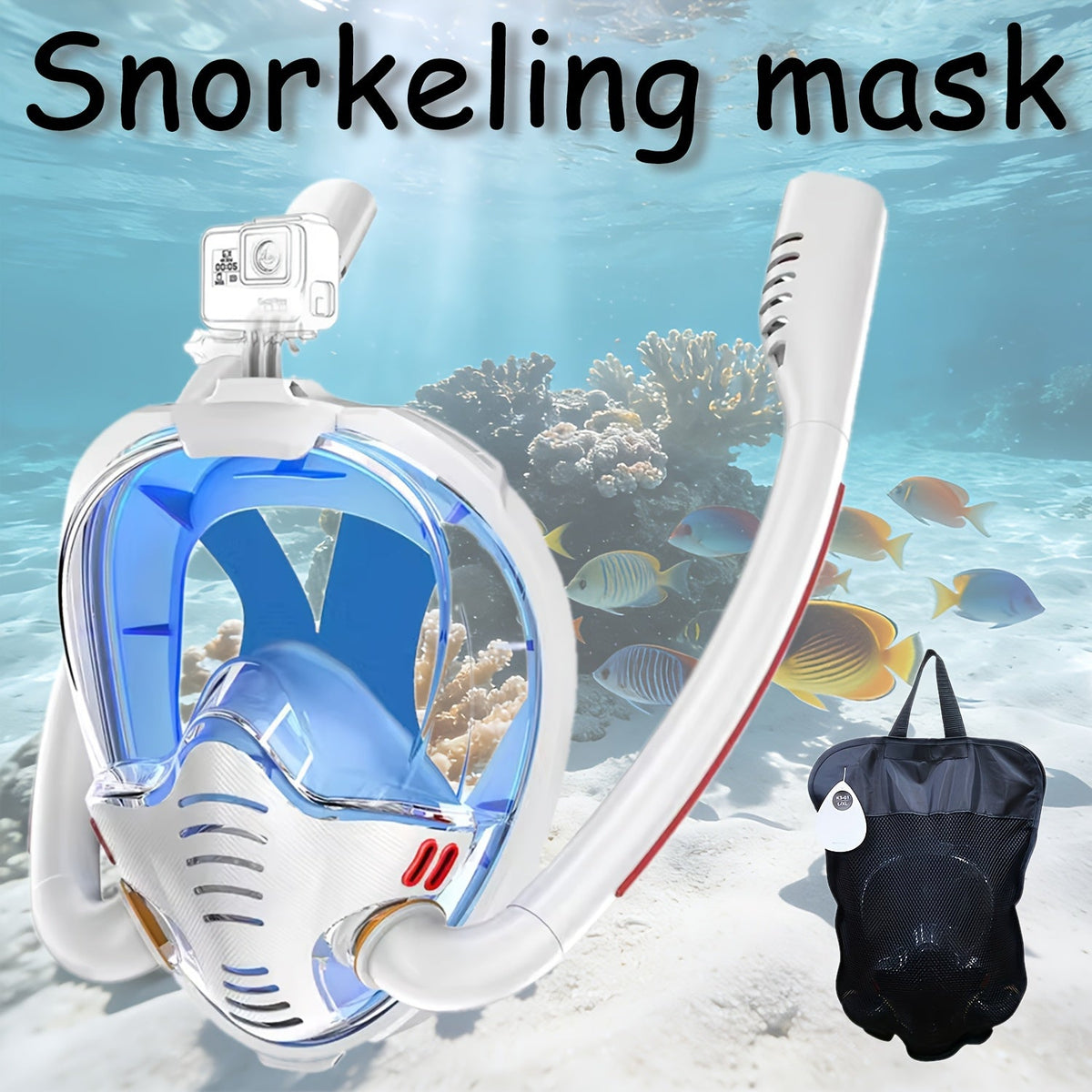 Full Face Snorkel Mask – 180° Panoramic View Dual Tube Anti-Fog Anti-Leak with Camera Mount for Adult Swimming & Snorkeling in Black & Black-Blue (S/M)
