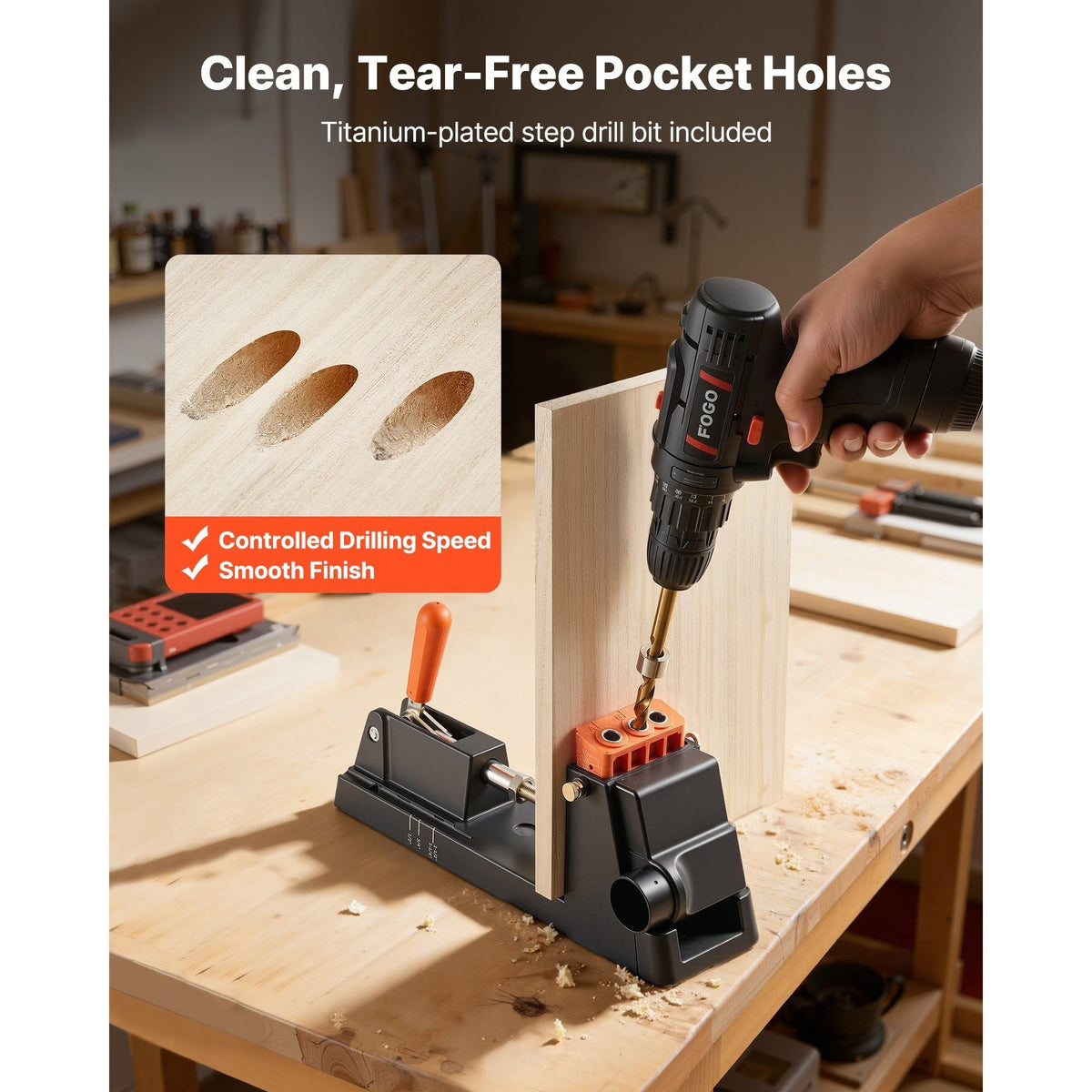 Pocket Hole Jig Kit 1/2 to 1-1/2 Inch Adjustable 2-in-1 Detachable Guide Block Titanium Step Drill Bit Dust Collection Adapter Carrying Case for Woodworking Joinery