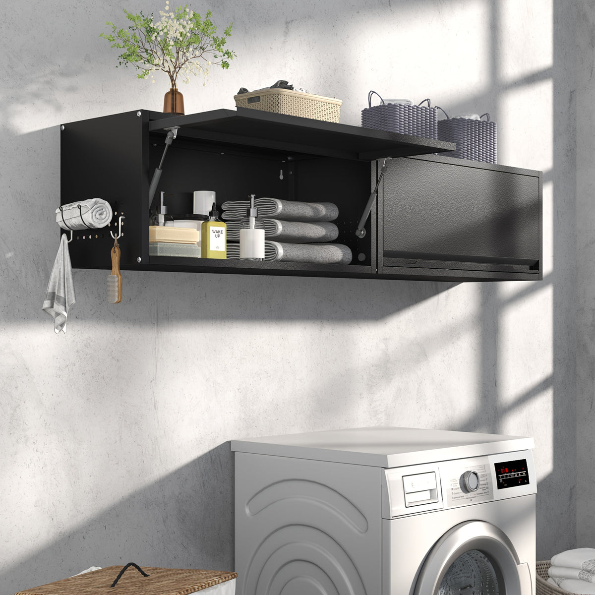 Metal Wall Mount Storage Cabinet 31.5 Inch Wide Up-Flip Door 3.2 Cubic Feet for Garage Kitchen Workshop Contemporary Steel Wall Cabinet Black or Black Gray