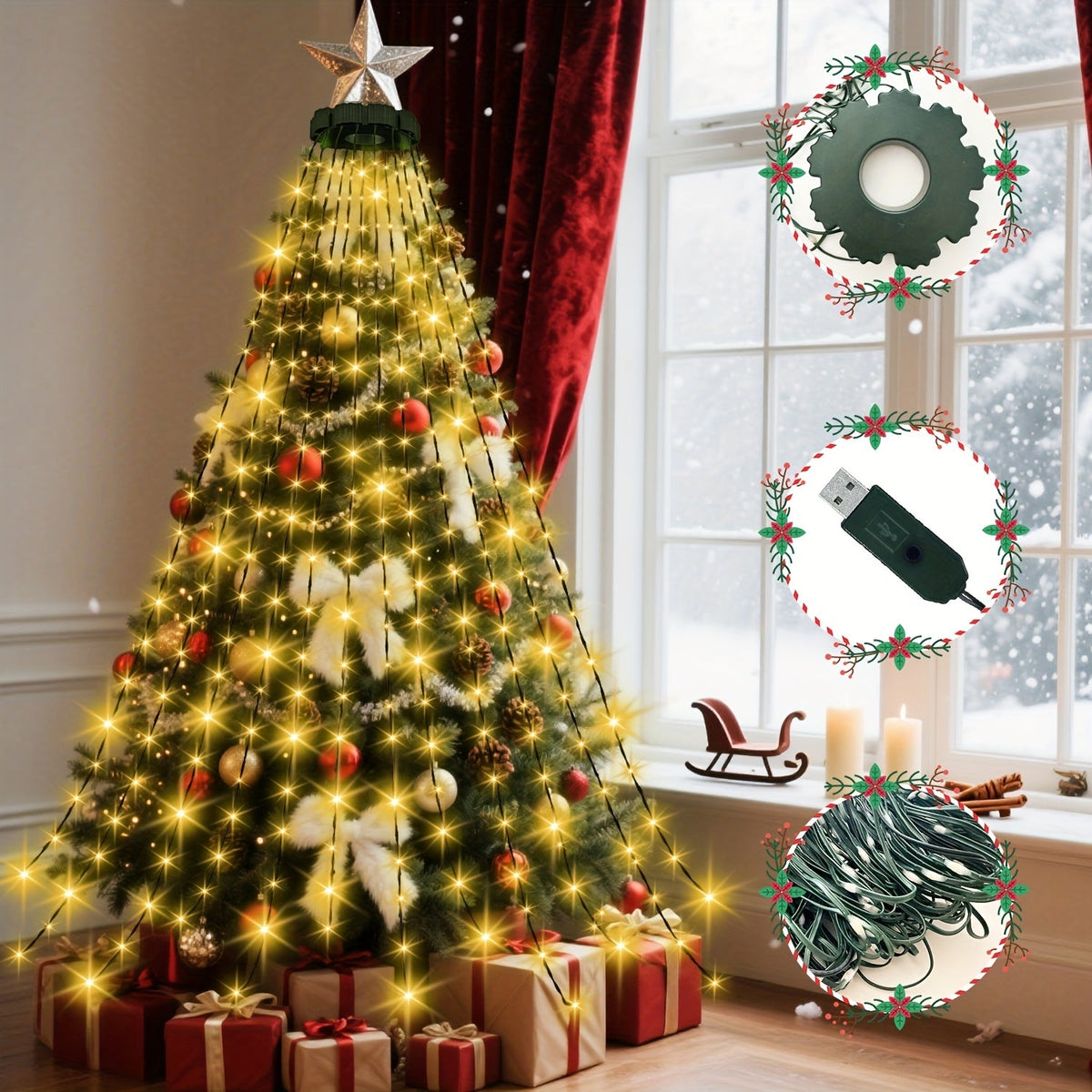 220 / 400 LED Christmas Fairy Light String - USB Powered, 8 Modes, 78.74in Waterfall Tree Lights - Garden, Terrace, Home & Christmas Tree Decoration - Warm, White & Colorful