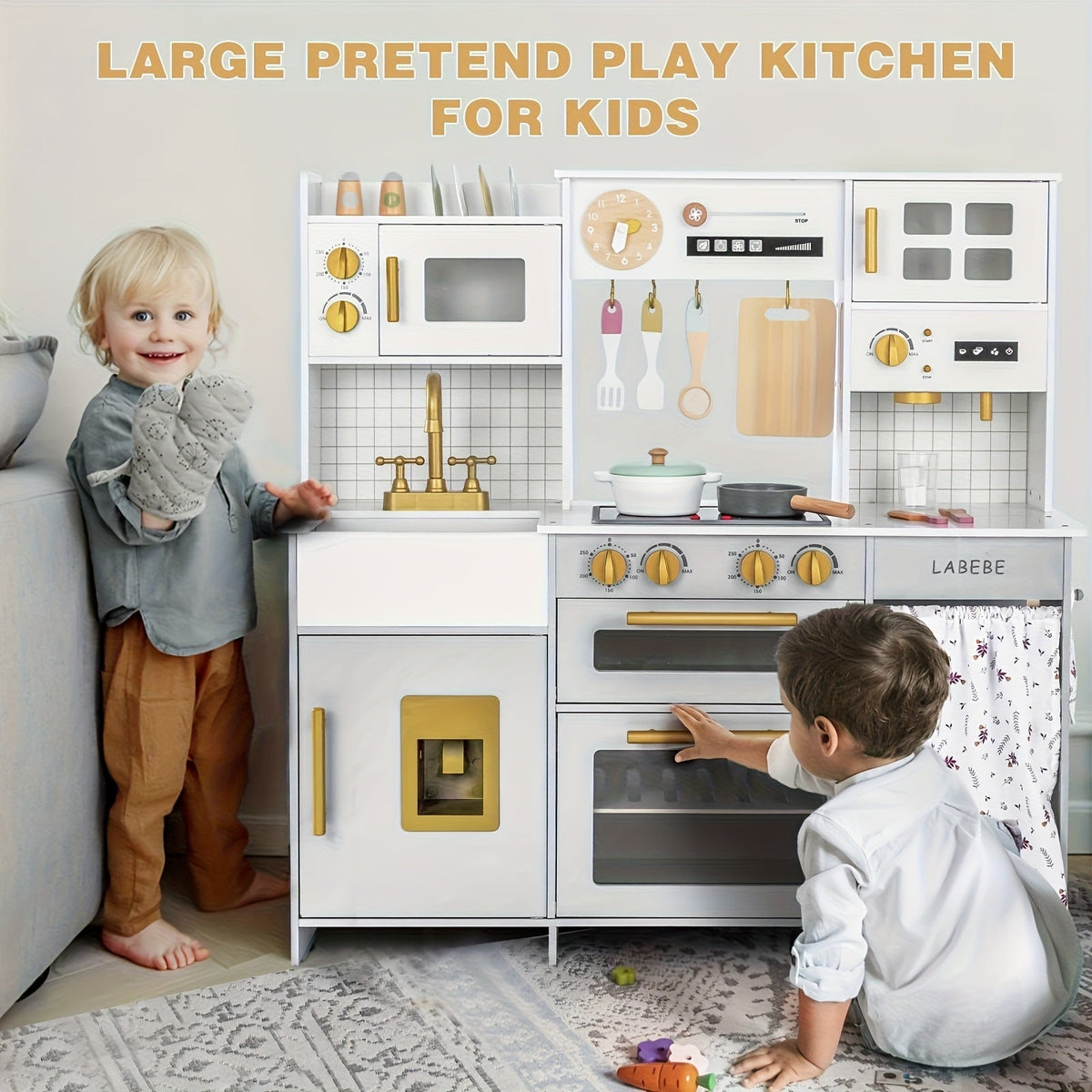 Kids Wooden Play Kitchen Set with Cookware & Accessories – Realistic Pretend Kitchen Playset with LED Stove Lights, Sounds, Microwave, Sink & 37.5" Spacious Design for Boys & Girls Ages 3-8