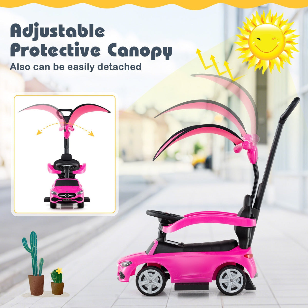 Mercedes-Benz Licensed 3-in-1 Ride-On Push Car for Toddlers 18-36 Months, Kids Sliding Car with Steering Wheel Sound, Push Bar, Adjustable Canopy & Under-Seat Storage - Pink Baby Walker Stroller Gift
