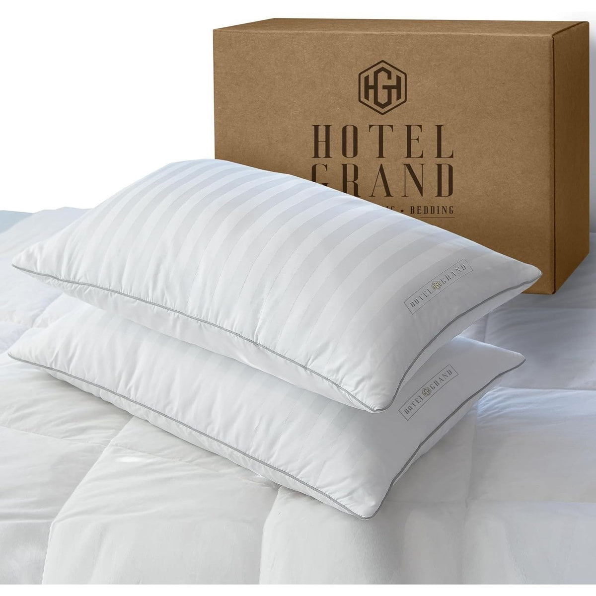 Feather Down Bed Pillows Set of 2 500 Thread Count 100% Cotton Hypoallergenic Breathable Hotel Collection for Back and Side Sleepers Standard Queen King White