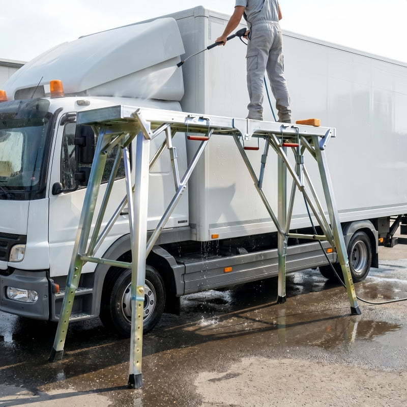 Height Adjustable Heavy Duty Scaffolding Portable Folding Work Platform Non-Slip Base for Truck Washing Semi-Trailer RV Roof Cleaning Commercial Vehicle Repair 47 63 79 Inch Silver