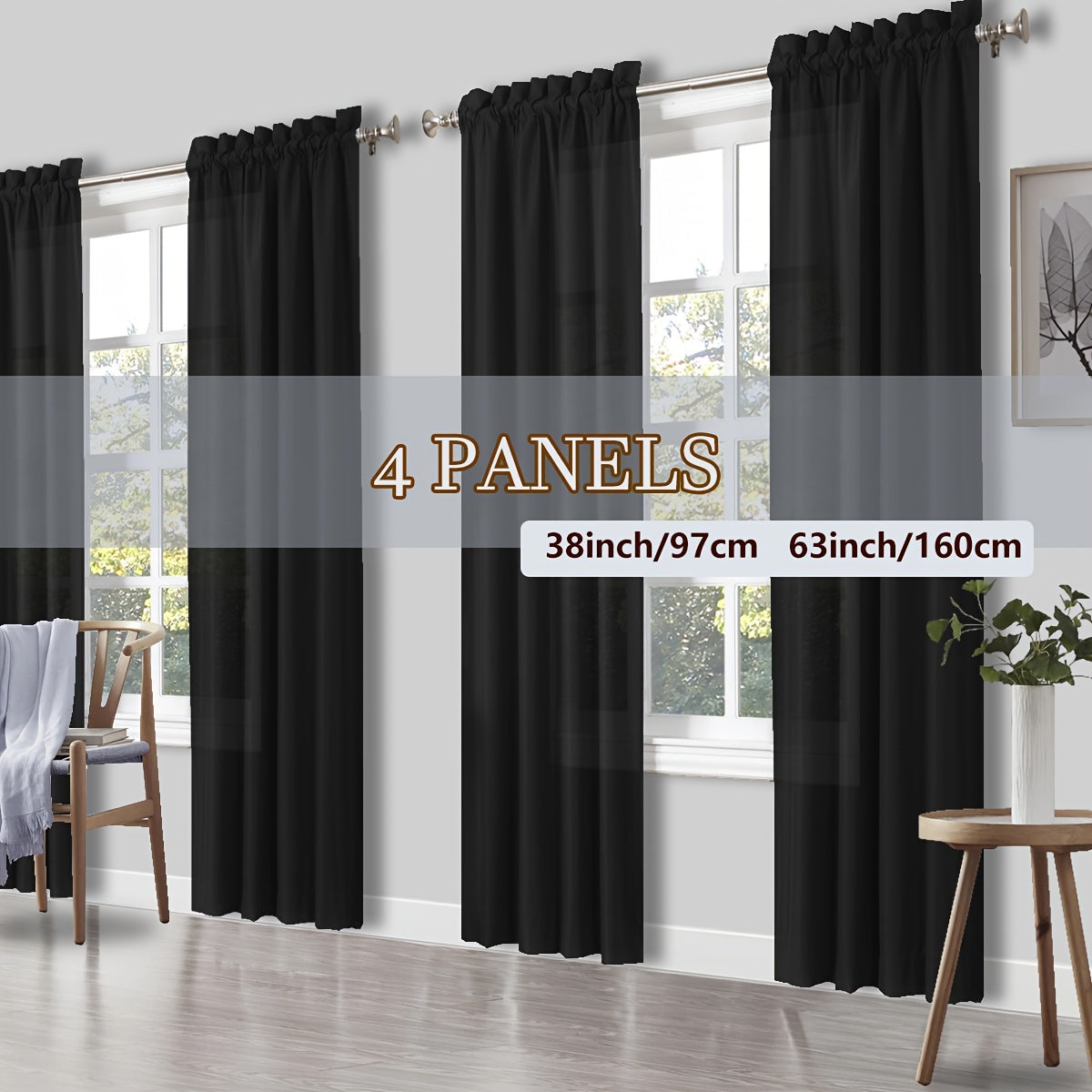 Rod Pocket Light Filtering Curtains 4 Panels Solid Color | Yarn-Dyed Fade Resistant Fabric | Easy 30-Second Install | Living Room Bedroom Office Patio Door | 10 Colors 8 Sizes 38-54 Wide 54-95 Long