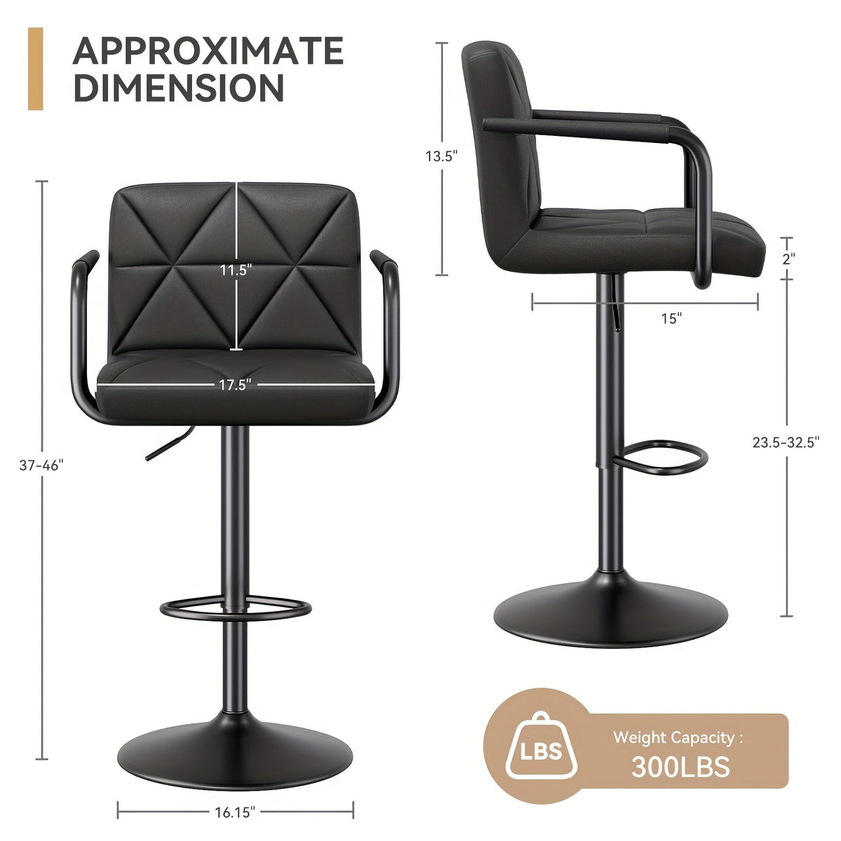 Bar Stool Set of 2 or 4 Adjustable Counter Height Swivel Barstool with Backrest Armrest Footrest Square Cushion Faux Leather for Kitchen Island Dining Room Cafe Pub