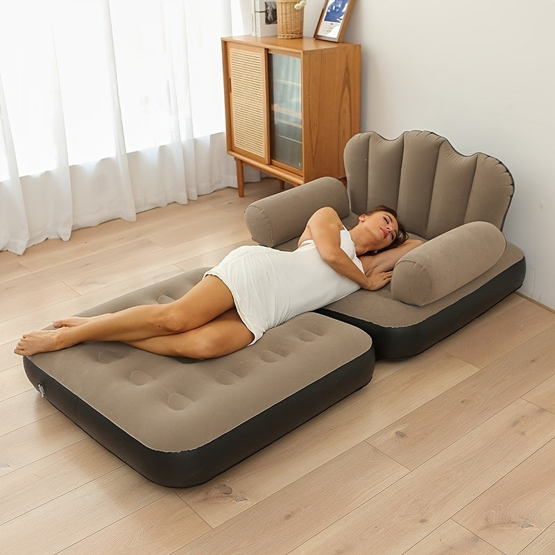 2-in-1 Flocked PVC Inflatable Sofa Bed Convertible Inflatable Couch & Air Mattress Portable Easy to Store Holiday Gift – Khaki or Blue