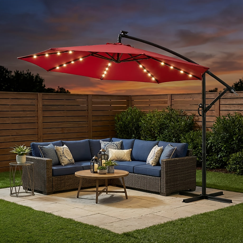 10ft Solar LED Offset Cantilever Patio Umbrella, UPF50+ UV Protection, Easy Tilt & Crank, Heavy-Duty Outdoor Market Umbrella, Sun Shade for Garden Deck Backyard Pool (Base Not Included)