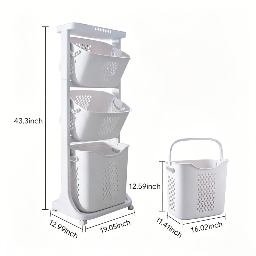 Rolling Laundry Hamper Cart with Wheels – 2/3/4 Tier Large Capacity Laundry Basket with Removable Baskets for Laundry Room Bathroom Organization in White