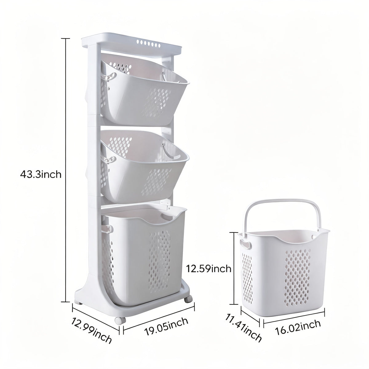 Rolling Laundry Hamper Cart with Wheels – 2/3/4 Tier Large Capacity Laundry Basket with Removable Baskets for Laundry Room Bathroom Organization in White