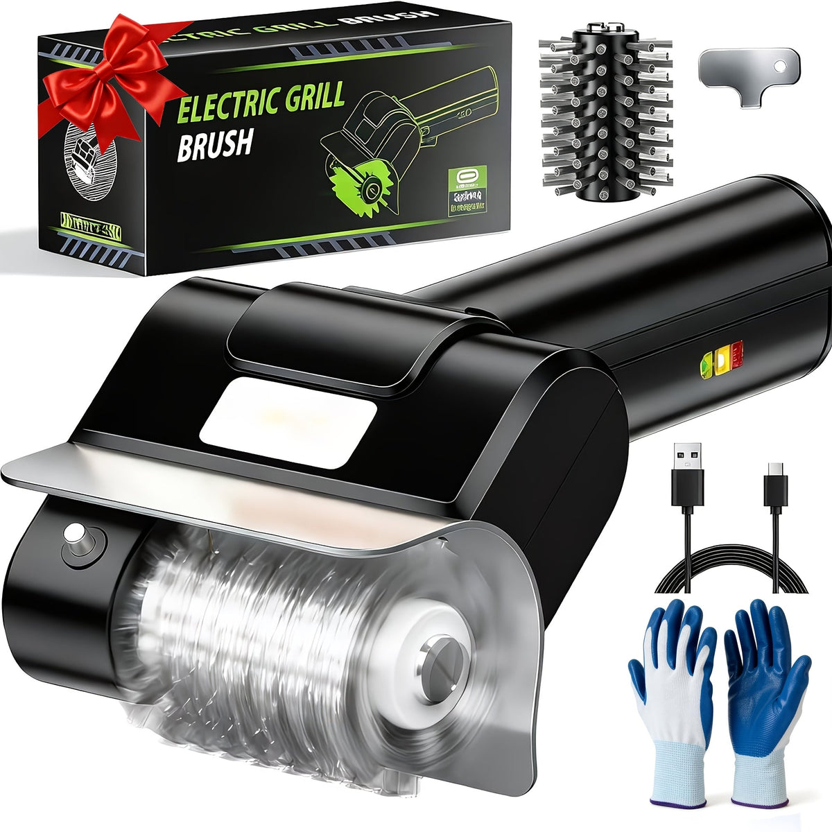 Cordless Electric Grill Brush 800 RPM 2000mAh Rechargeable 304 Stainless Steel Bristles BBQ Grill Cleaner with Replacement Brush Head and Gloves Portable Outdoor Barbecue Scrubber Black
