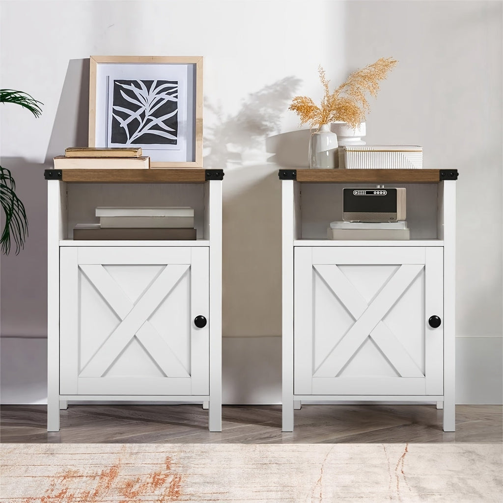 Farmhouse Nightstand with Barn Door and Shelf 23.7x15.8 Inch Rustic Modern Bedside End Table Narrow Entryway Table for Bedroom Living Room Navy Blue Grey White Oak Black 1 or 2 Pack