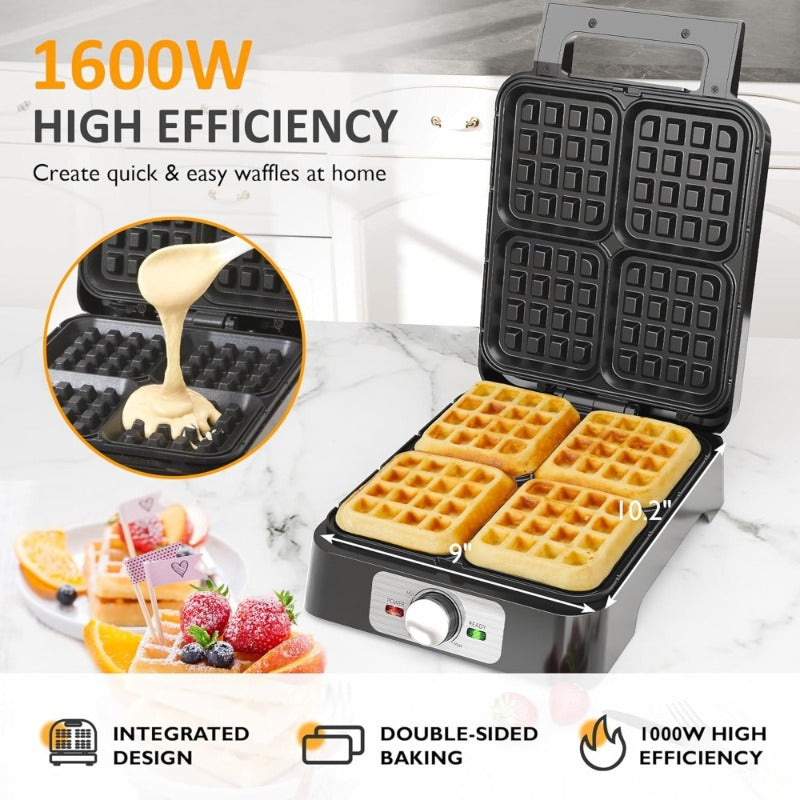 4-Slice Waffle Maker Electric Waffle Iron Adjustable Temperature Knob Control Nonstick Surface Indicator Light Easy Clean for Family Breakfast Silver