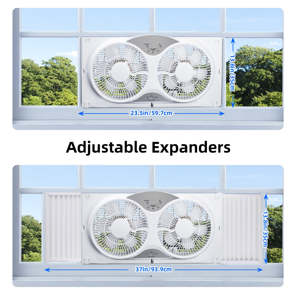 Twin Window Fan 9" - Reversible Airflow, 3 Speeds, 23.8"-37" Expandable Width, Exhaust & Intake - Remote or Timer - Home & Bedroom