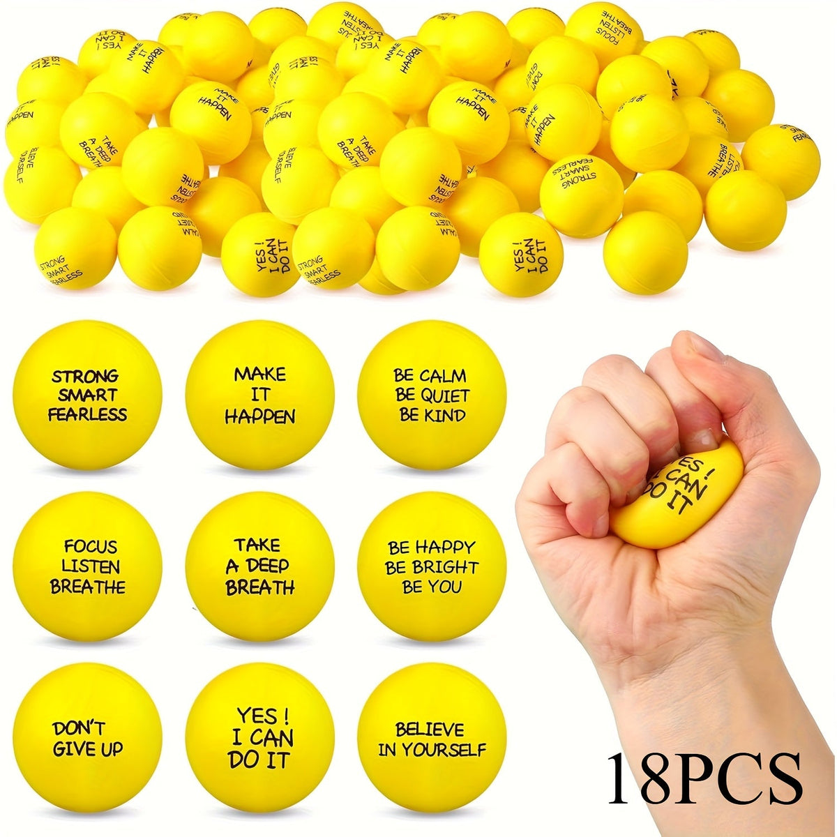 18 or 36 Pcs Mini Motivational Quote Squeeze Balls 1.6 Inch Stress Relief Squeezable Toys for Kids Classroom Incentive Prizes Party Favors Easter Spring Back to School Office Team Gifts Pink Red Blue Green Yellow