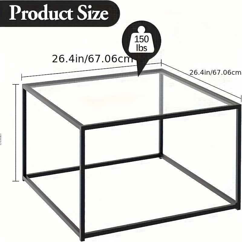 Glass Coffee Table 26"x26" – Modern Square Clear Glass Center Table for Living Room Small Spaces in Gold Black White with Plain or Striped Glass