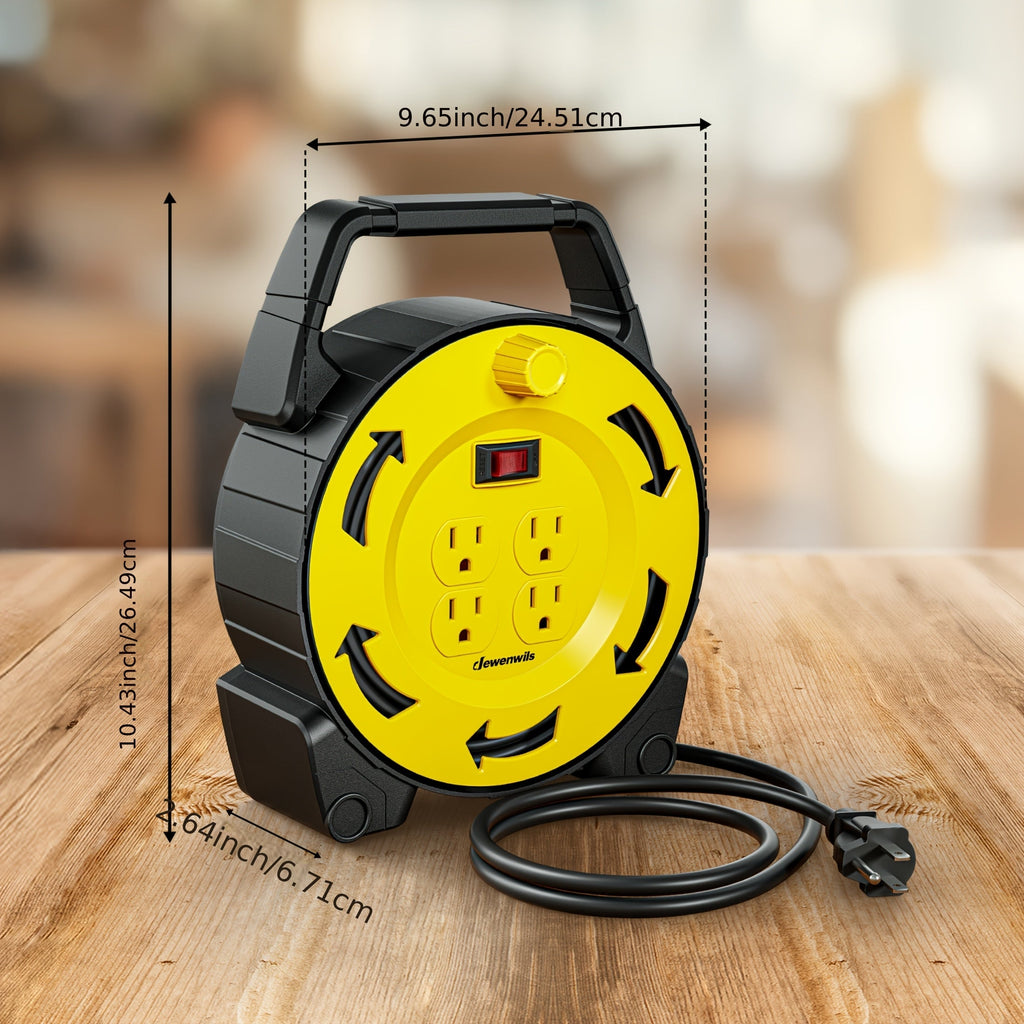 Retractable Extension Cord Reel 27 Ft 13A 125V 16/3C SJTW 4 Grounded Outlets Circuit Breaker LED Power Switch for Garage Workshop Home Blue Yellow Red