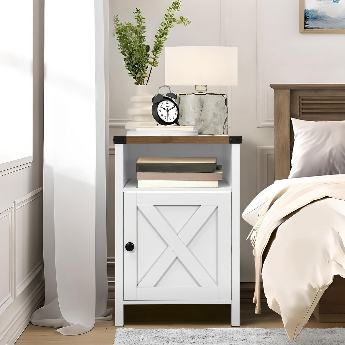 Farmhouse Nightstand with Barn Door and Shelf 23.7x15.8 Inch Rustic Modern Bedside End Table Narrow Entryway Table for Bedroom Living Room Navy Blue Grey White Oak Black 1 or 2 Pack