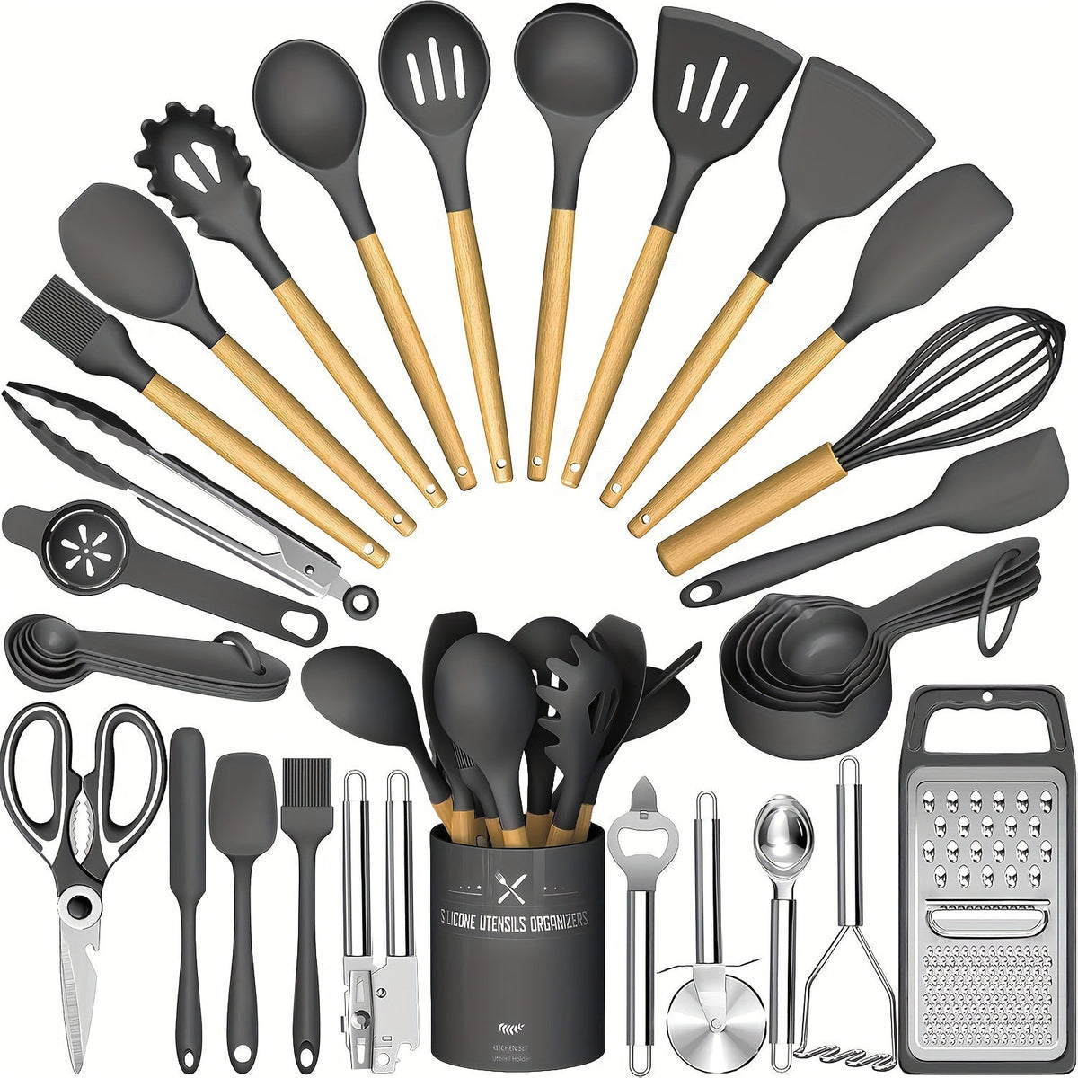 34-Piece Silicone Kitchen Utensils Set with Holder Wooden Handles | Heat Resistant Nonstick Safe Cooking Tools | Spatula Spoon Ladle Tongs Whisk | Khaki Black Gray | Father's Day Housewarming Gift