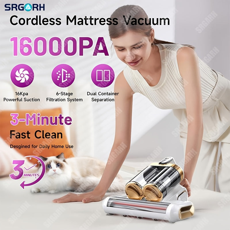Mattress Vacuum Cleaner - 16kPa Deep Cleaning Bed Vacuum with UVC Ultraviolet, Hot Air & High-Temperature Heating, Dual Dust Cup, Handheld - For Mattresses, Pillows & Bedding - White, Purple & Blue