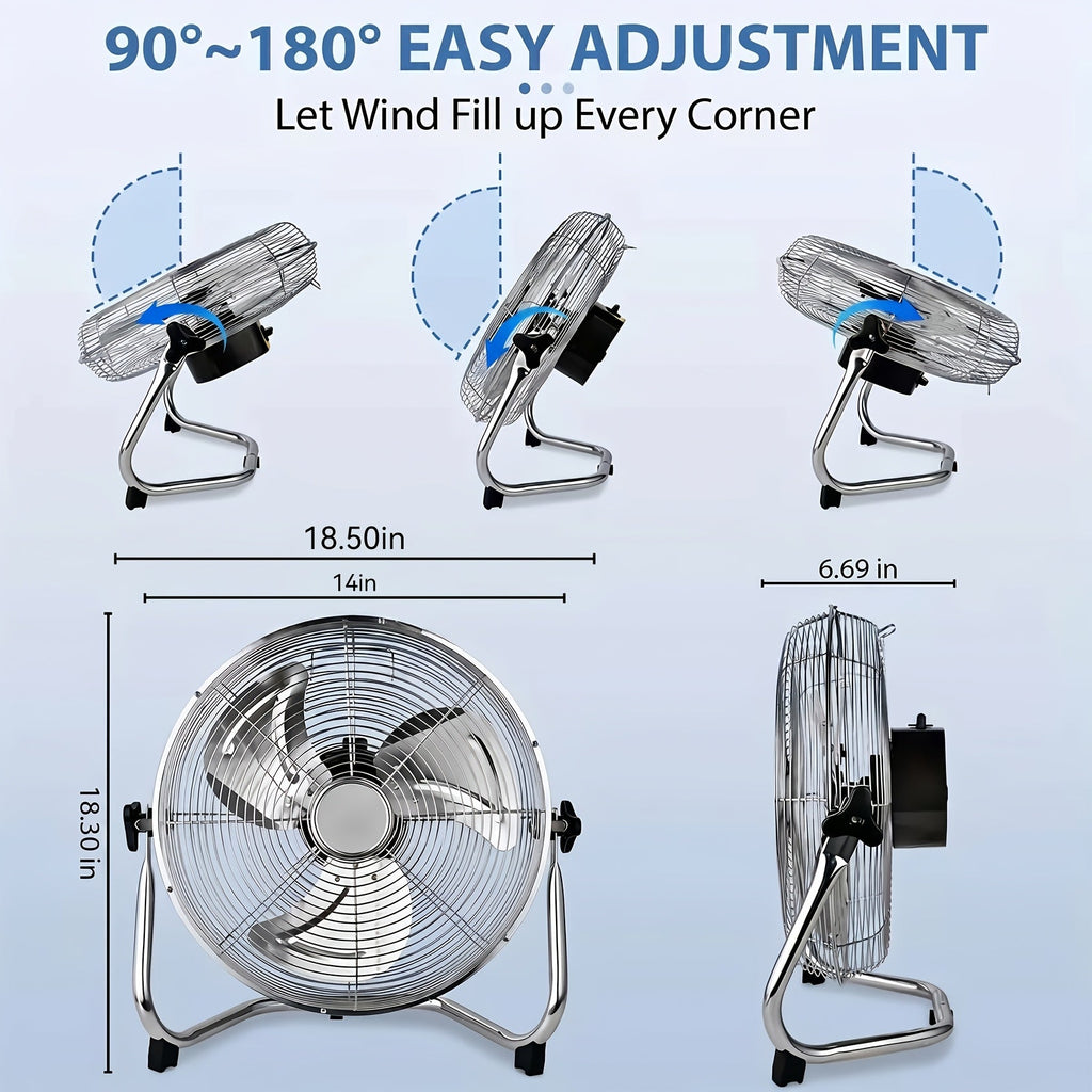 14" High Velocity Industrial Floor Fan - 3-Speed, Heavy Duty, Adjustable Tilt & Metal Blades - Garage, Factory, Warehouse, Workshop & Commercial Use