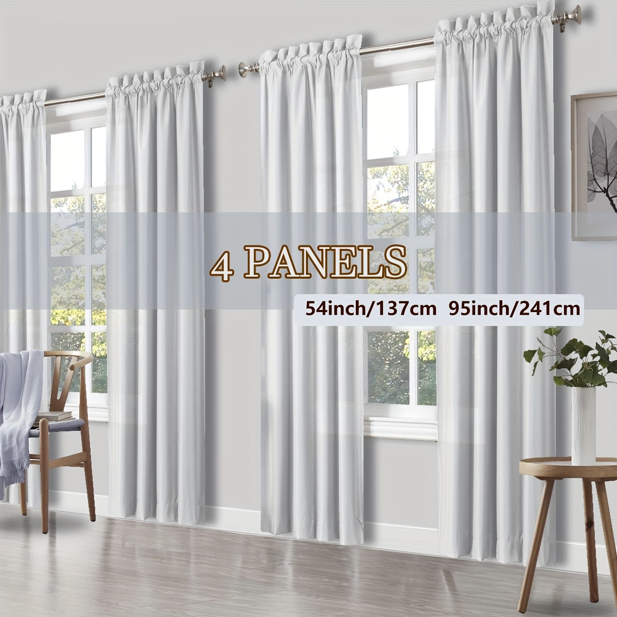 Rod Pocket Light Filtering Curtains 4 Panels Solid Color | Yarn-Dyed Fade Resistant Fabric | Easy 30-Second Install | Living Room Bedroom Office Patio Door | 10 Colors 8 Sizes 38-54 Wide 54-95 Long