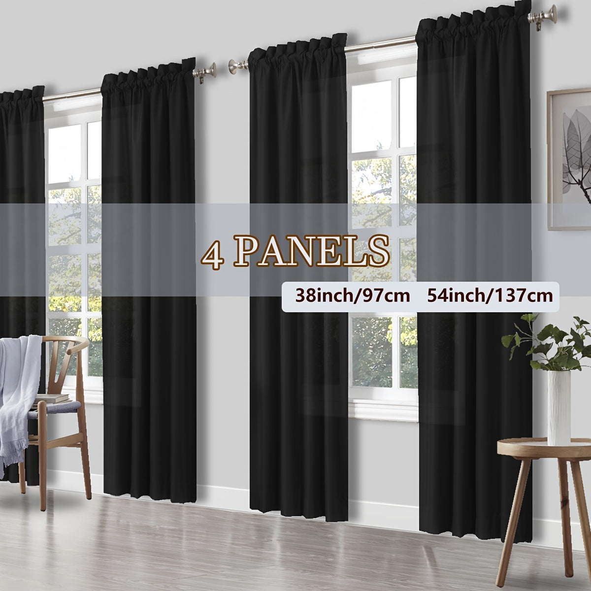 Rod Pocket Light Filtering Curtains 4 Panels Solid Color | Yarn-Dyed Fade Resistant Fabric | Easy 30-Second Install | Living Room Bedroom Office Patio Door | 10 Colors 8 Sizes 38-54 Wide 54-95 Long