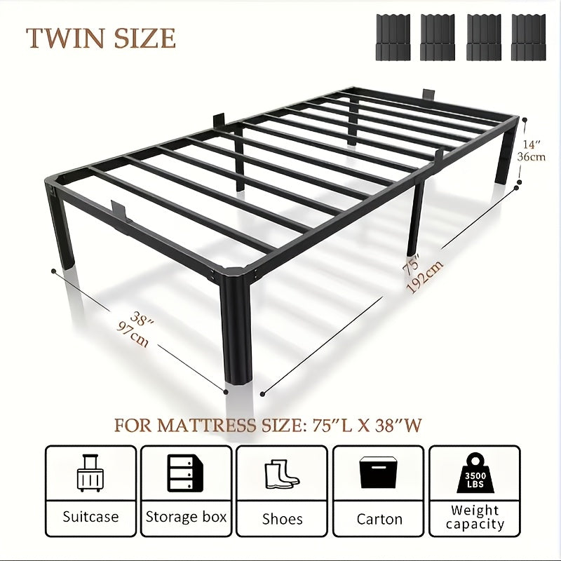 14-Inch Metal Bed Frame Twin Full Queen – Heavy-Duty Iron Frame with Fan-Shaped Legs Mattress Fixers & Under-Bed Storage Space Easy Assembly Black