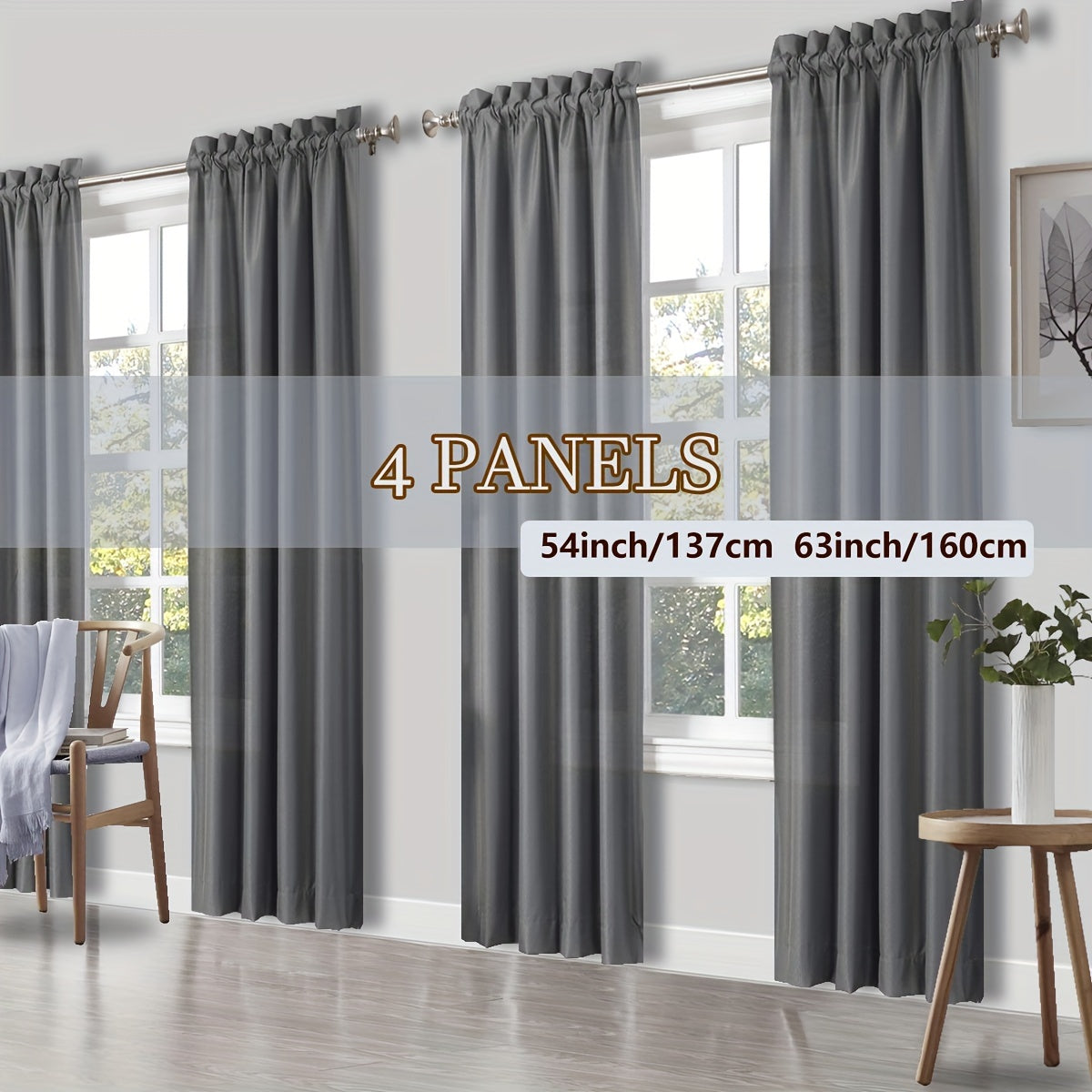 Rod Pocket Light Filtering Curtains 4 Panels Solid Color | Yarn-Dyed Fade Resistant Fabric | Easy 30-Second Install | Living Room Bedroom Office Patio Door | 10 Colors 8 Sizes 38-54 Wide 54-95 Long