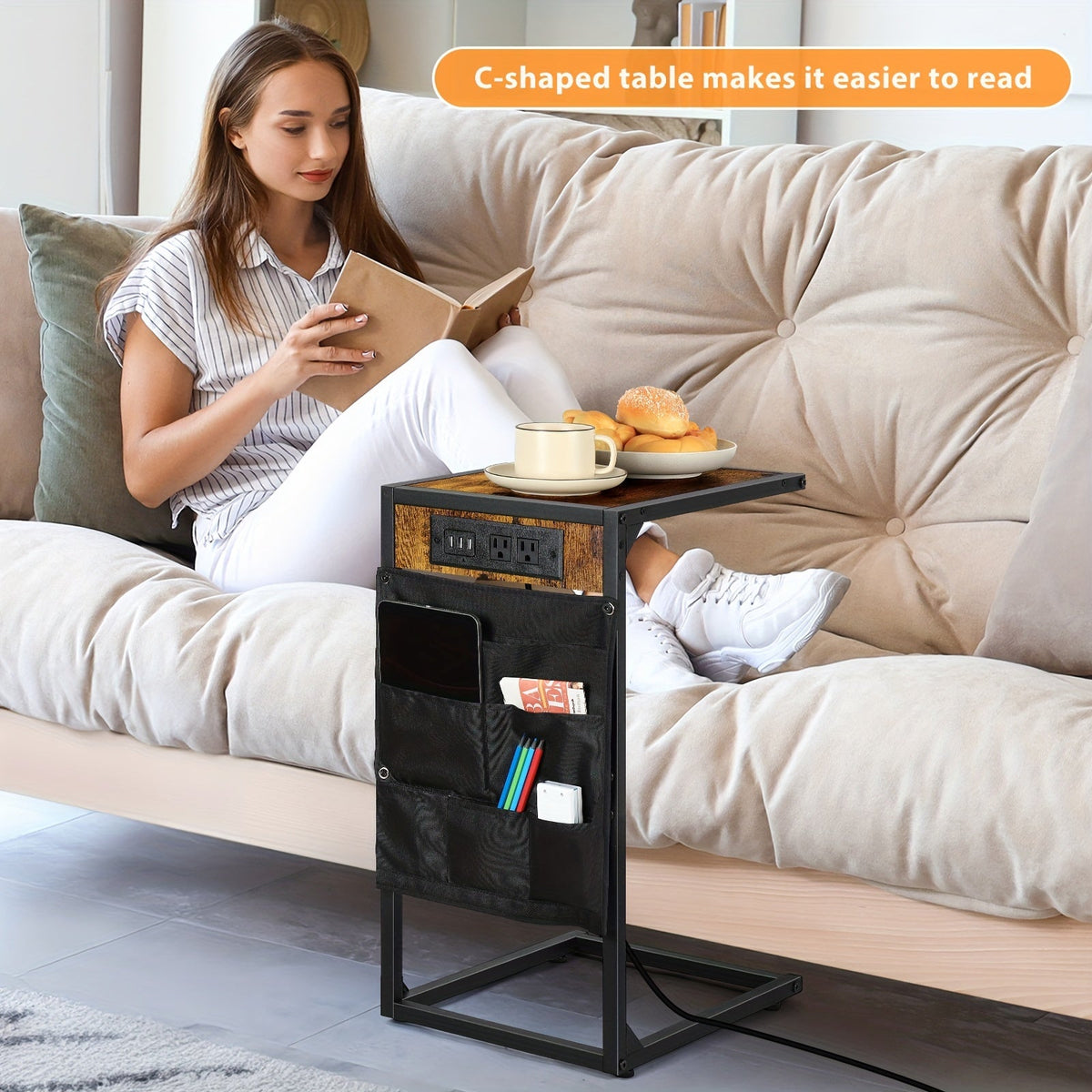 C-Shaped End Table - Slides Under Sofa, 50LBS Capacity, Desktop Storage - Optional Charging Station & Storage Bag - 1pc & 2pc Sets - Sofa Side, Living Room & Bedroom - Brown, Grey, Black, White & Wood