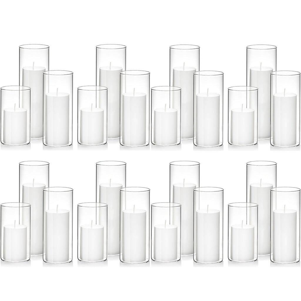 White Pillar Candles with Clear Glass Hurricane Holders Cylinder Candle Vases Set for Wedding Centerpiece Party Table Decor Home Office 23 24 or 48 Pieces