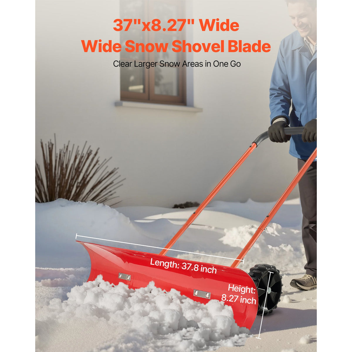 Wheeled Snow Pusher Shovel, 37.8" Wide Blade, Bi-Directional 72° Angled Blade, 90° Adjustable Handle, PC & ABS Durable Construction, Anti-Stick Surface, for Driveway Sidewalk Deck Yard