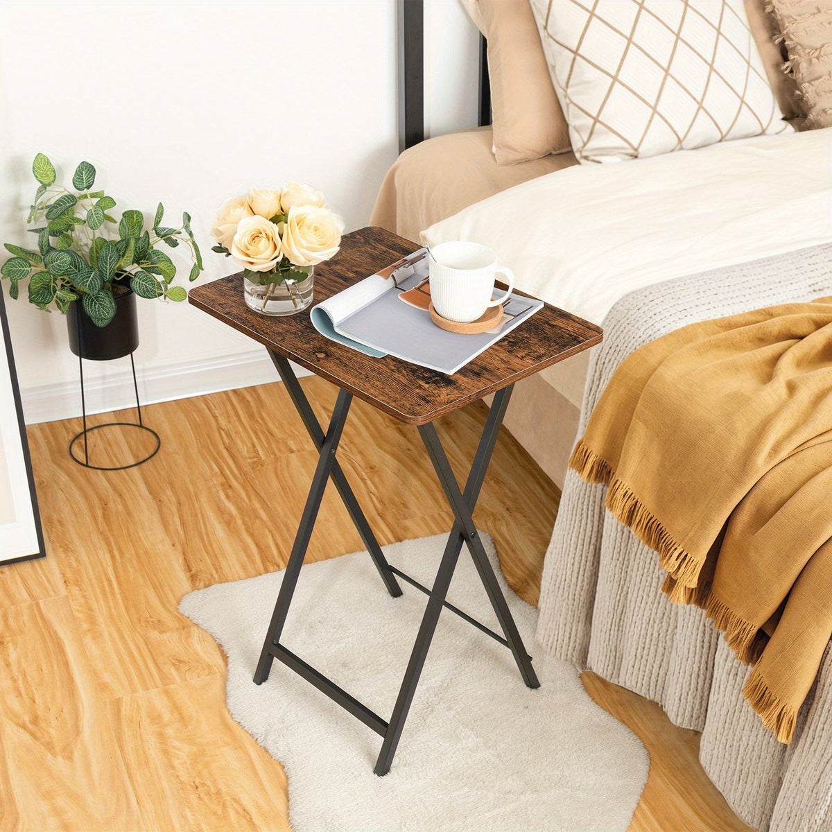 Foldable Side Table TV Tray 18.9 x 14.2 x 26 In Portable Laptop Desk Easy Assembly Space-Saving for Indoor & Outdoor – Rustic Brown Black