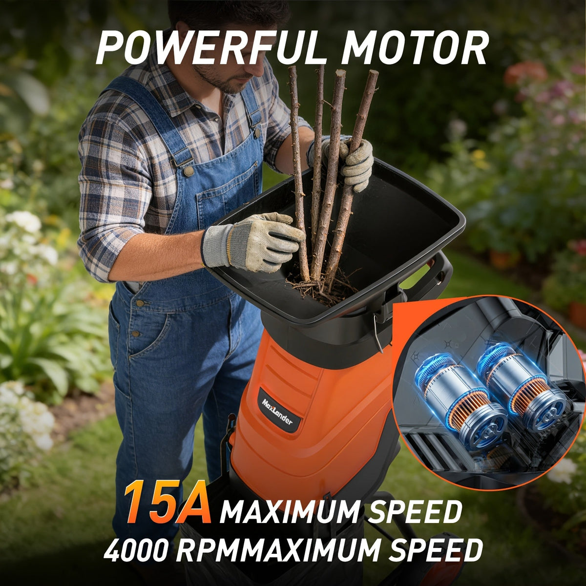 Maxlander 15-Amp Heavy-Duty Electric Wood Chipper & Leaf Shredder 1.75-Inch Cutting Capacity 11.89-Gal Collection Bag Yard Waste Mulcher for Branches Twigs & Leaves – Orange