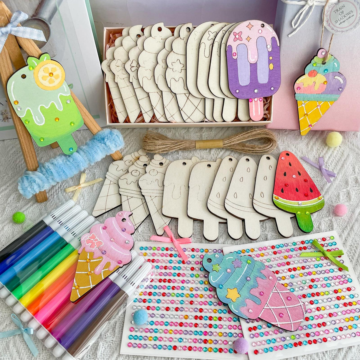 39 Pcs Ice Cream Wood Crafts Kit for Kids 24 Unfinished Wood Shapes 12 Markers 2 Gem Stickers Twine DIY Painting Art Set Birthday Party Favors School Sleepover Craft Supplies Ages 3 and Up