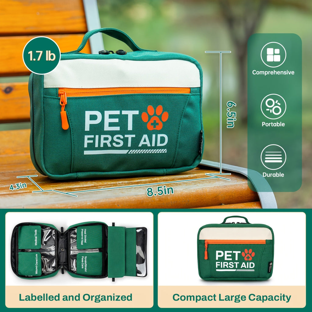 Pet First Aid Kit for Dogs & Cats - Emergency Safety Essentials with Disposable Booties for Home, Hiking, Travel & Camping - FSA/HSA Eligible - Green