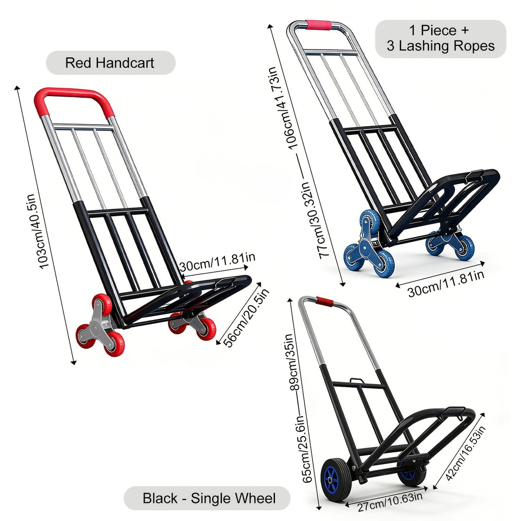 Heavy Duty Folding Hand Truck with Stair Climbing Wheels Adjustable Buckle Gear Portable Foldable Cart for Moving Transport Shopping with Lashing Ropes