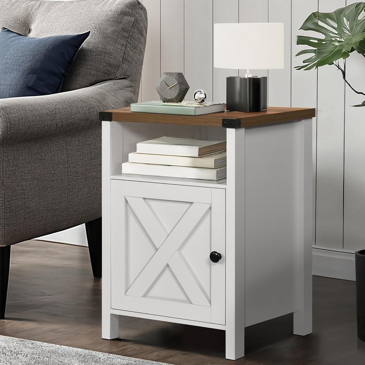 Farmhouse Nightstand with Barn Door and Shelf 23.7x15.8 Inch Rustic Modern Bedside End Table Narrow Entryway Table for Bedroom Living Room Navy Blue Grey White Oak Black 1 or 2 Pack