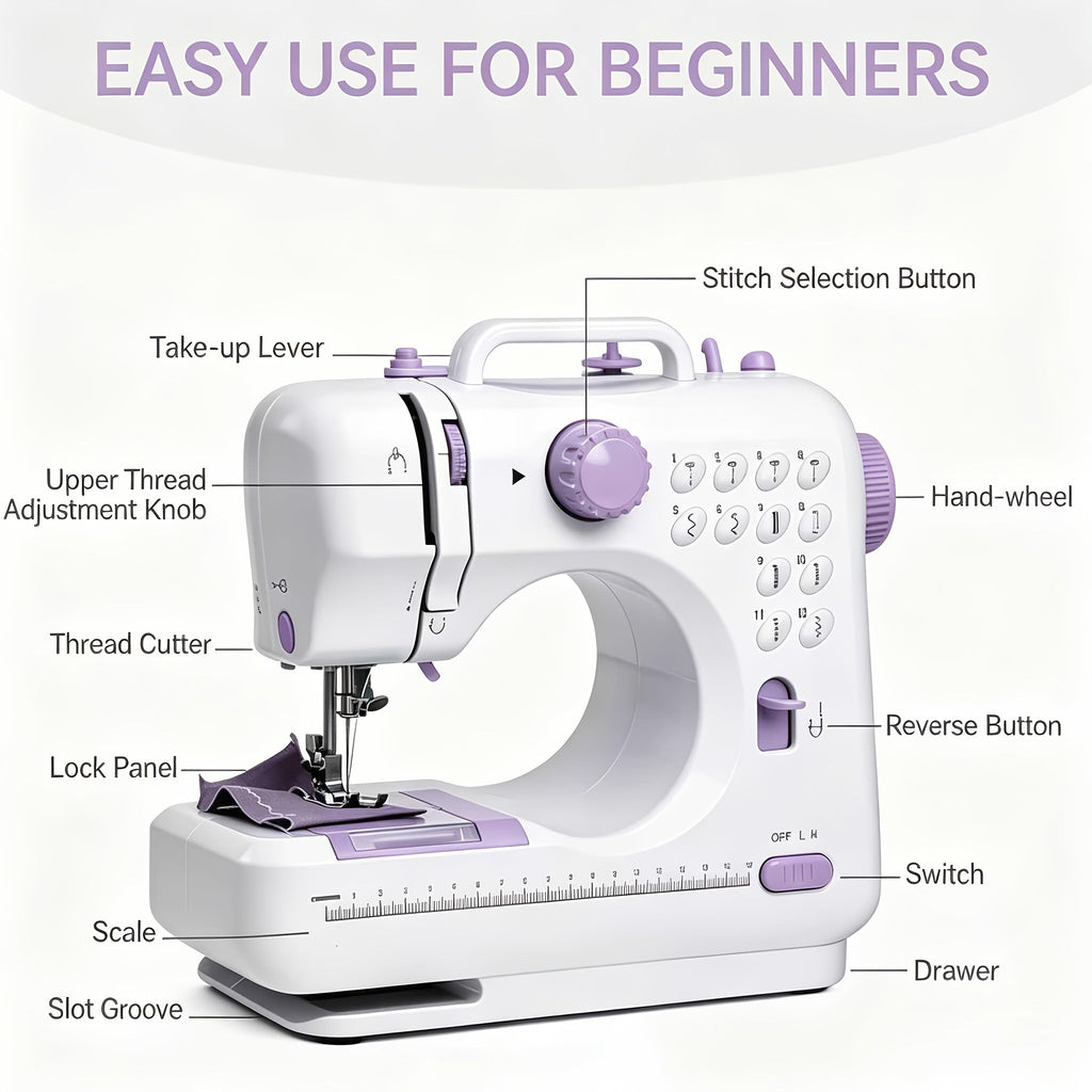 Portable Mini Sewing Machine for Beginners - 12 Stitches, LED Light, Double Speed & Foot Pedal - Includes 12-Color Thread Set - Household DIY Handheld Sewing Tool