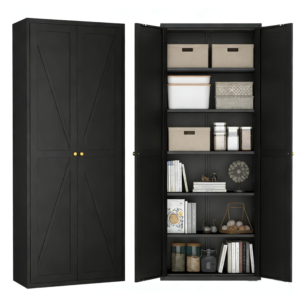 Tall Metal Kitchen Pantry Cabinet 47 71 Inch Freestanding Storage Cabinet 4 Adjustable Shelves 180LB per Shelf Magnetic Doors Gold Handles for Kitchen Living Room Bedroom Office Black White