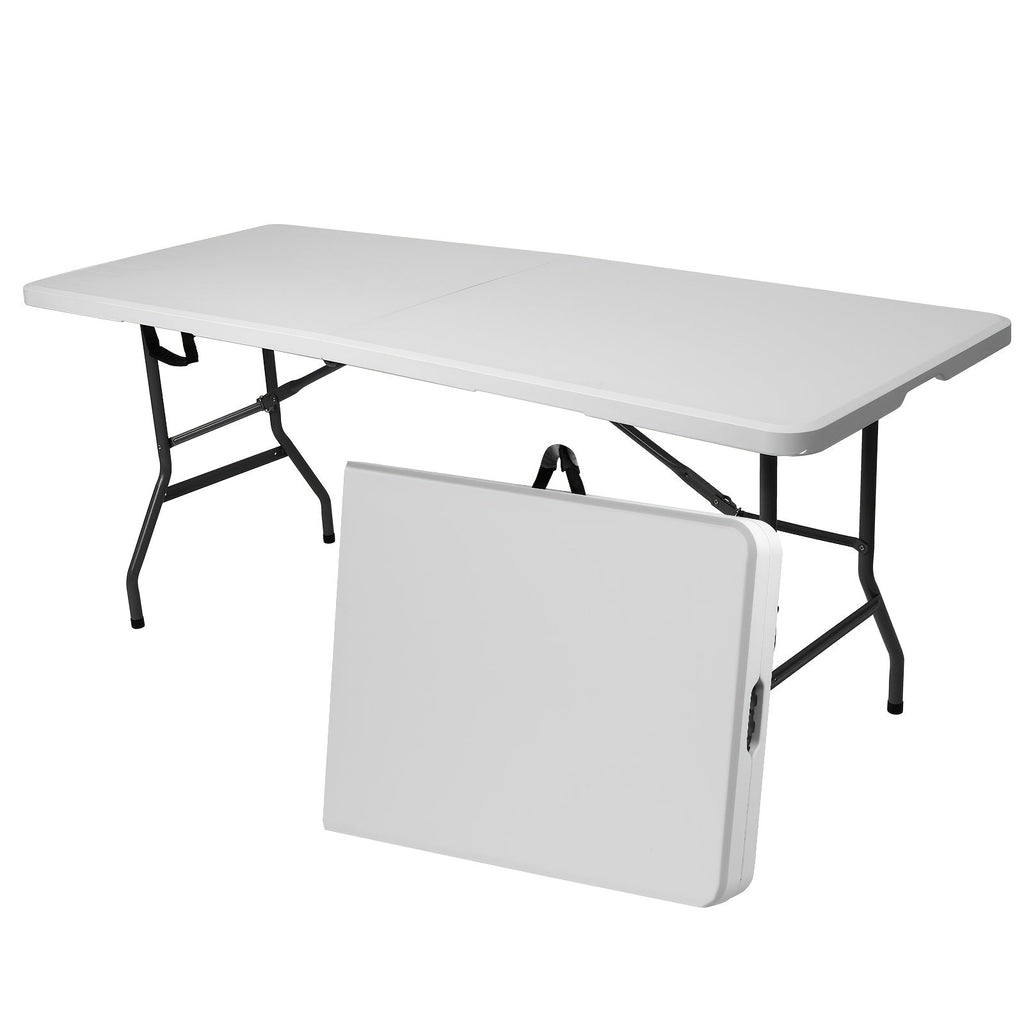 Plastic Folding Table - 4ft or 6ft Portable Indoor & Outdoor Dining & Picnic Table, Carrying Handle & Locking Legs - White & Black