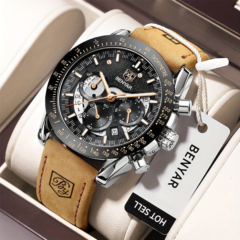 BENYAR Men's Analog Quartz Chronograph Watch Luminous Big Face Dial – Business Sport Casual Designer Dress Wristwatch, Elegant Gift for Men Boyfriend Dad Husband Birthday Anniversary