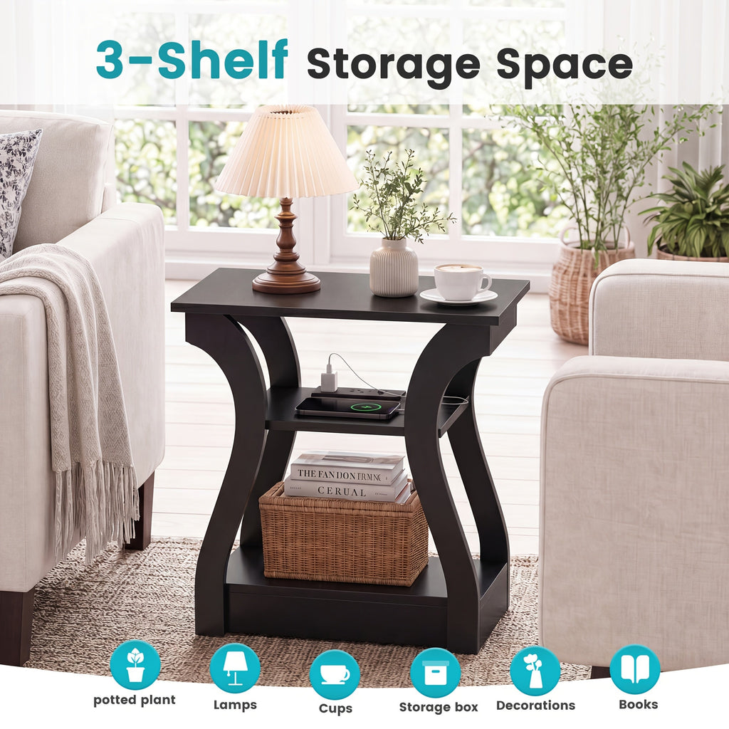 3-Tier Nightstand with Charging Station - USB Ports & Outlets, Modern Slim Bedside End Table for Bedroom, Dorm & Small Apartment - Black & White, 1 or 2 Pack